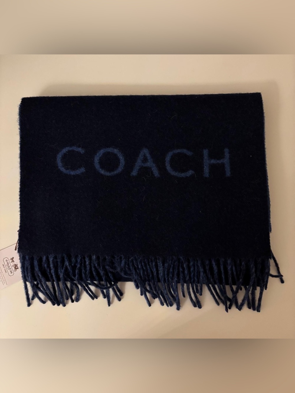 NWT Coach Men’s Navy Logo Fringe Scarf Wool / Cashmere Blend